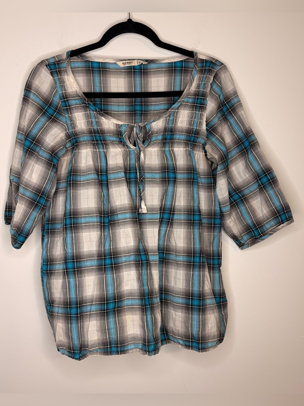 Old Navy Blue and Gray Plaid Smocked Peasant Blouse Size Small